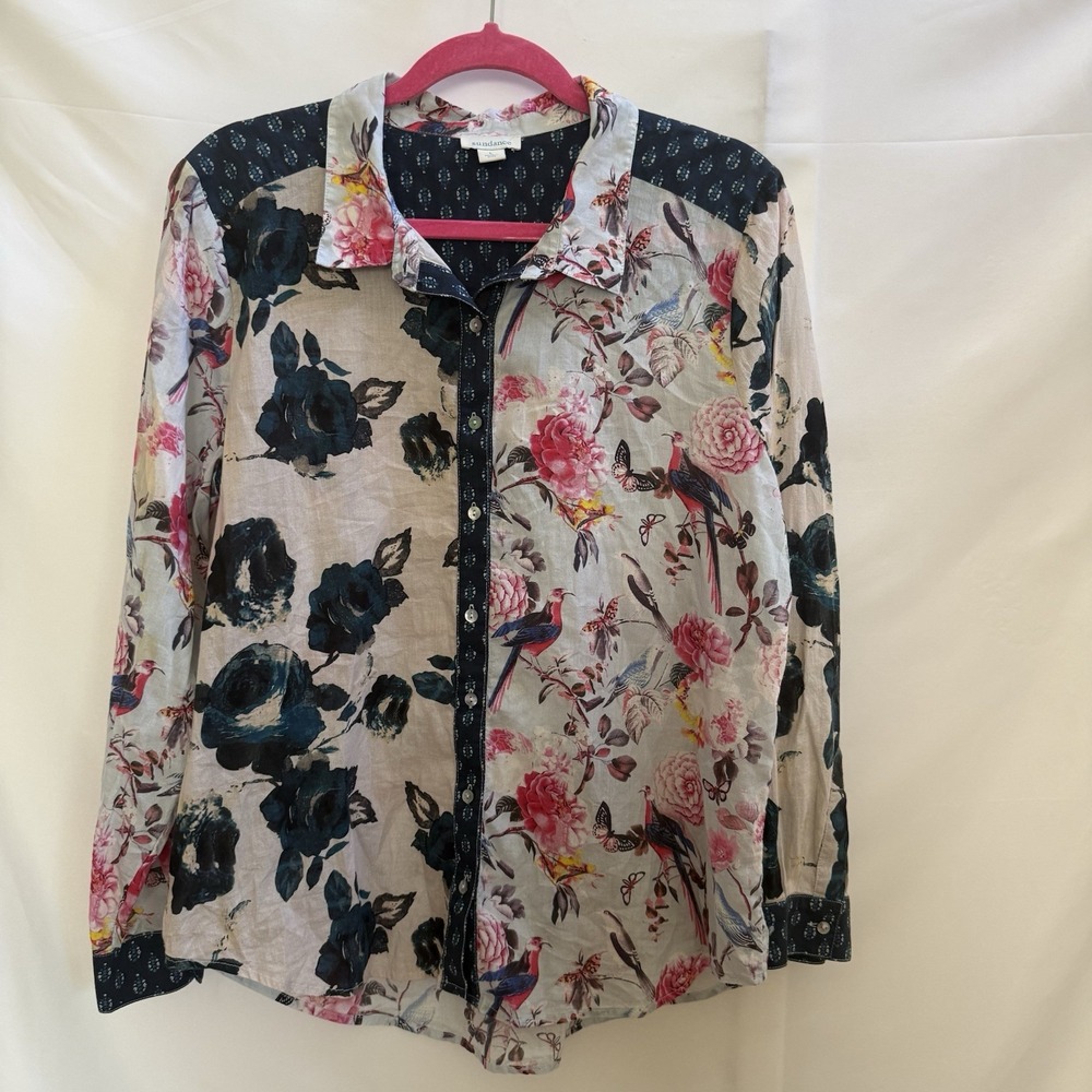 Sundance Floral Bird Butterfly Button-Up Shirt Wmns L Pink Blue Oversize Boho